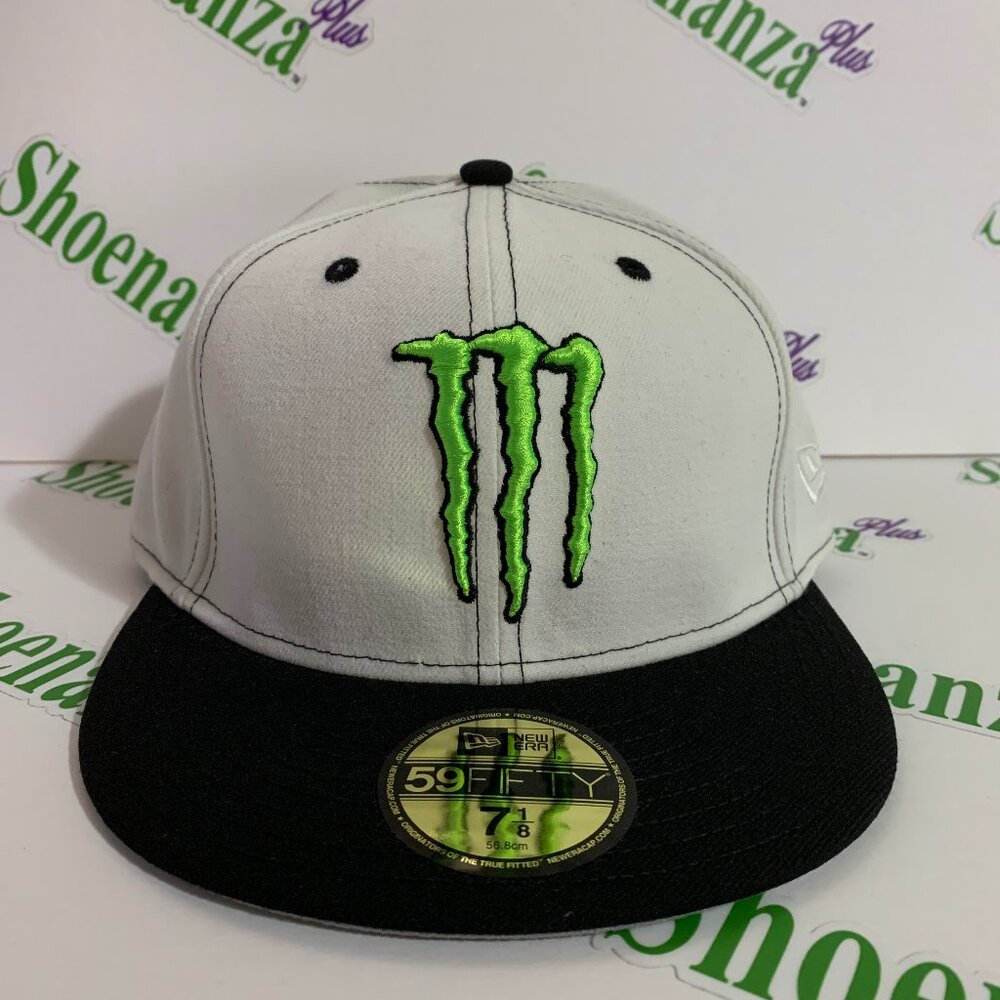 Monster Energy New Era 59Fifty Hat Flat Brim Fitted Cap Logo White Black 7 1/8